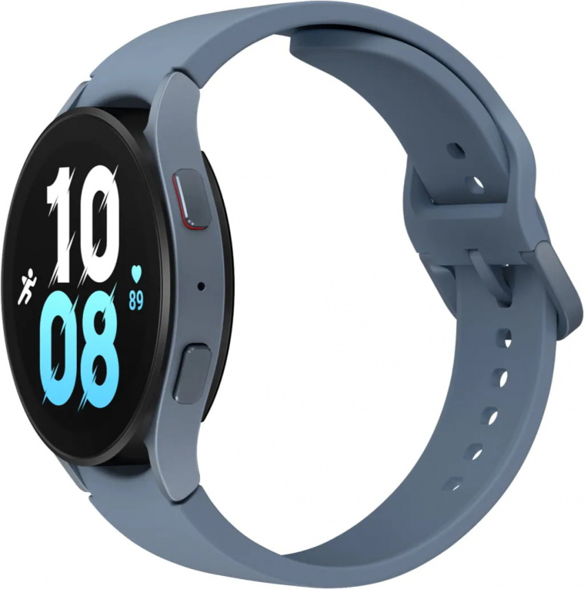藍色 Galaxy Watch5 面向左的右側剖面圖。 手錶將時間顯示為“10:08”，帶有跑步者圖標和“89”心率。