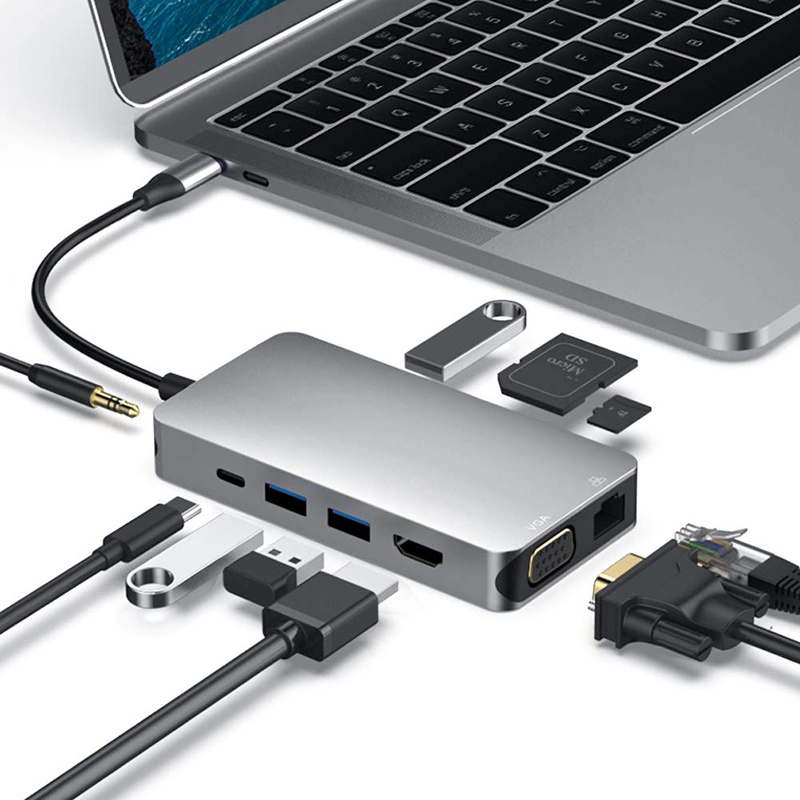 工厂价格 10 合 1 TYPE-C 集线器适配器与 USB3.1 USB-C PD 87W 和支持 1 * VGA 1 * 3.5毫米音频为 MacBook Pro