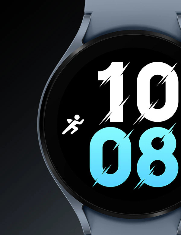 藍色Galaxy Watch5裝置正展示正面的錶面，上方正顯示數目字「5」。