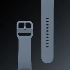 平躺展示的藍色Galaxy Watch5錶帶，可看見其細節和設計。