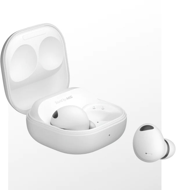 An open white Galaxy Buds2 Pro case with one bud inside and the other bud floating outside the case.
