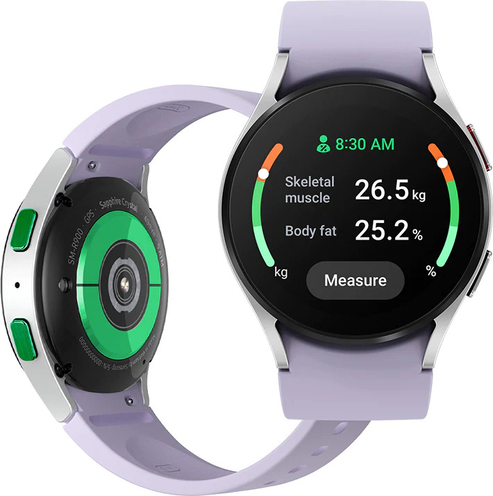 畫面展示Galaxy Watch5裝置的錶底。右面展示正面的Galaxy Watch5裝置，並有顯示BIA用家使用介面。