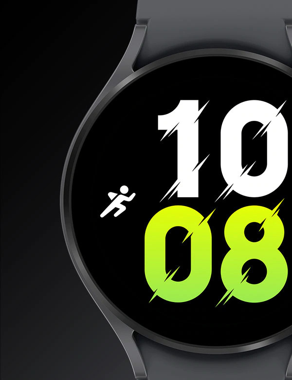 黑色Galaxy Watch5裝置正展示正面的錶面，上方正顯示數目字「5」。
