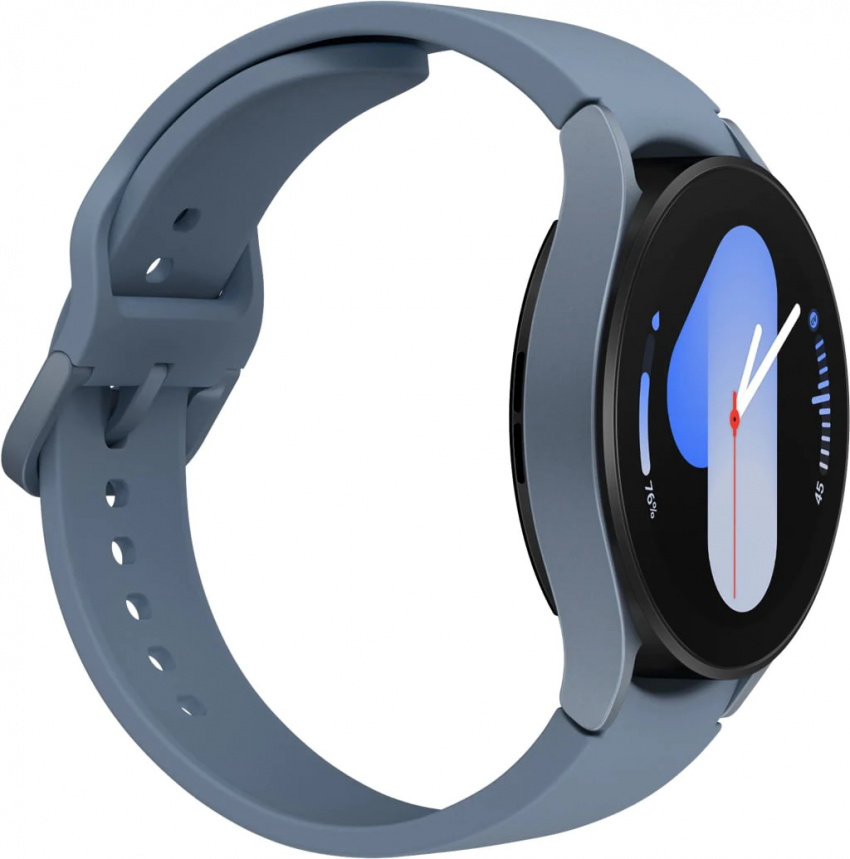 藍色 Galaxy Watch5 面向右的左側剖面圖。 手錶顯示指示時間的漸變“1”。