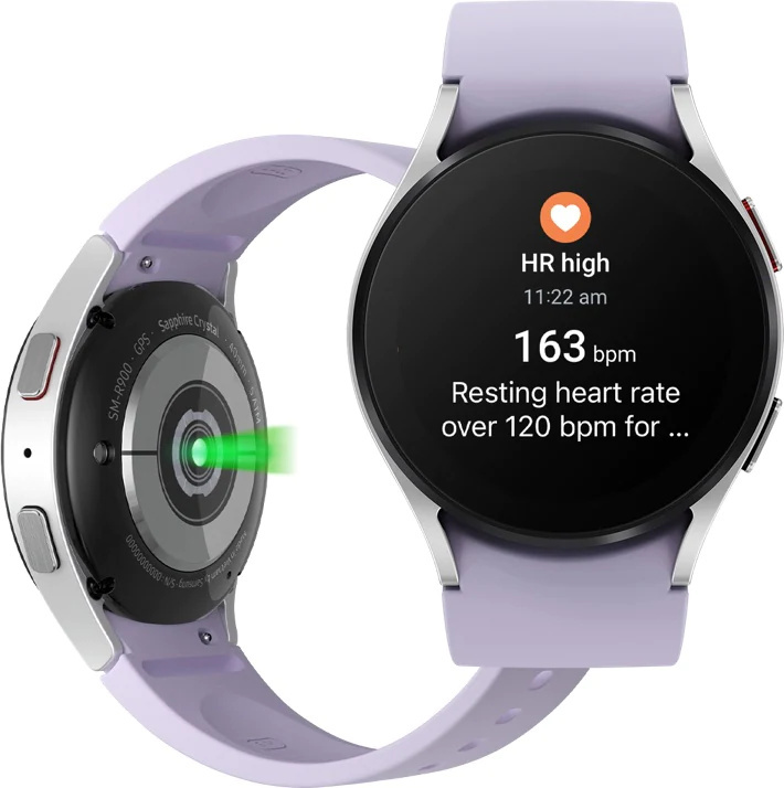 畫面展示Galaxy Watch5裝置的錶底。右面展示正面的Galaxy Watch5裝置，並有顯示PPG心率感應器用家使用介面。